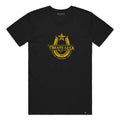 A black short-sleeve crewneck t-shirt featuring a gold graphic on the chest with a star, horseshoe, and the text 'CREATE LUCK'.