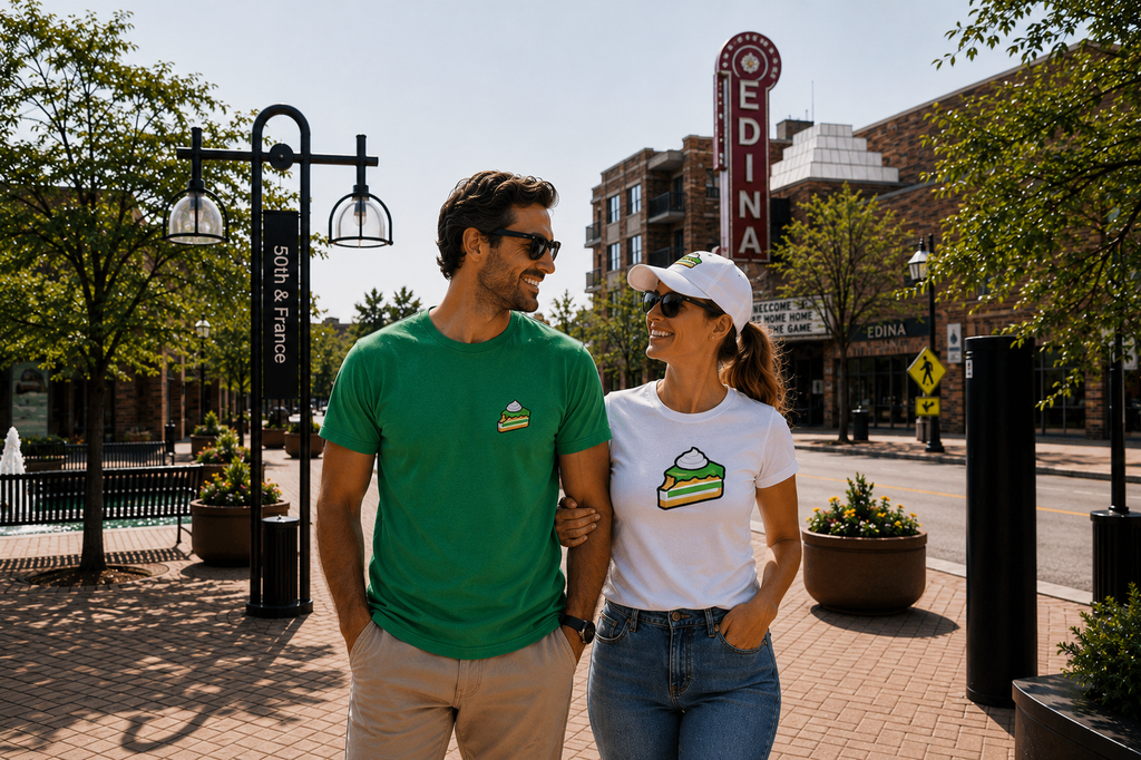 Two people walking on a sidewalk with a 'Edina' sign in the background