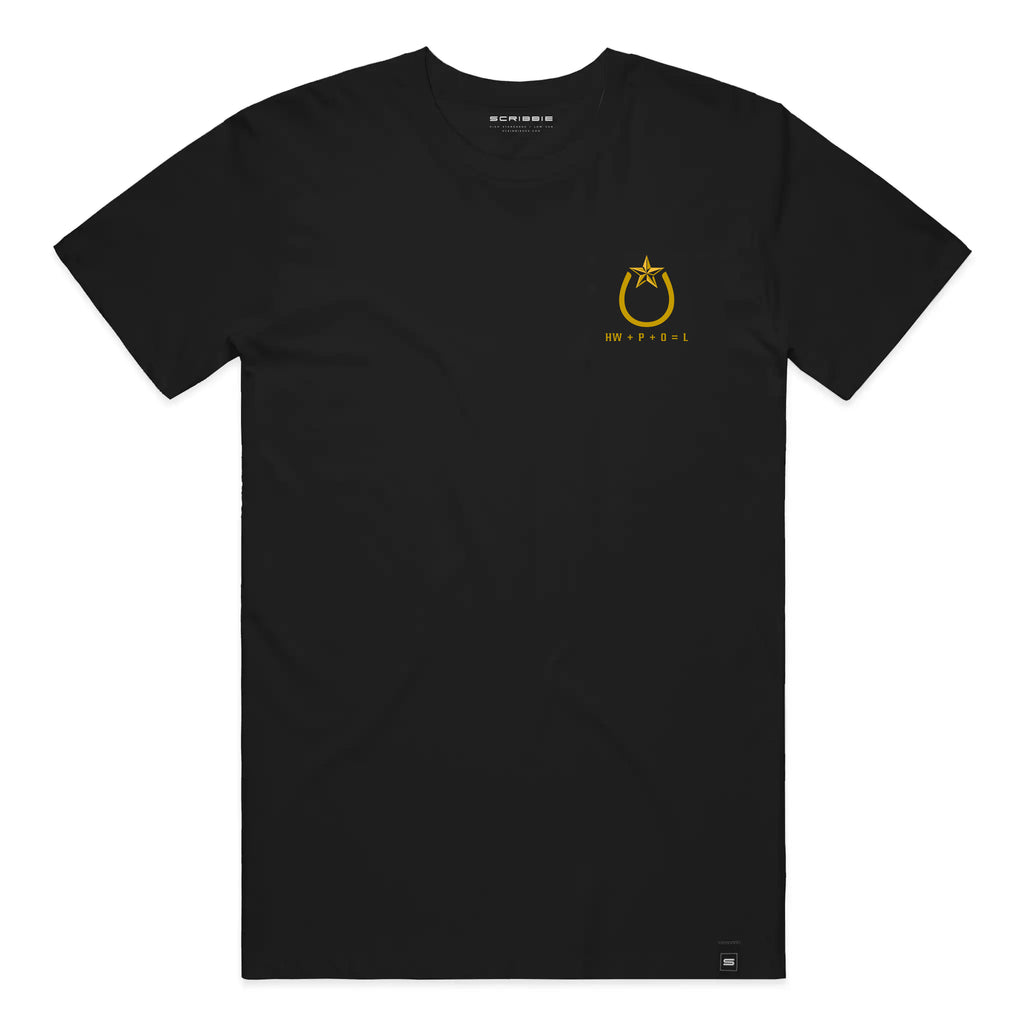 A black short-sleeve crewneck t-shirt with a small gold horseshoe and star graphic on the left chest, accompanied by the text 'HW+P+O=L' underneath.