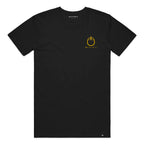 A black short-sleeve crewneck t-shirt with a small gold horseshoe and star graphic on the left chest, accompanied by the text 'HW+P+O=L' underneath.