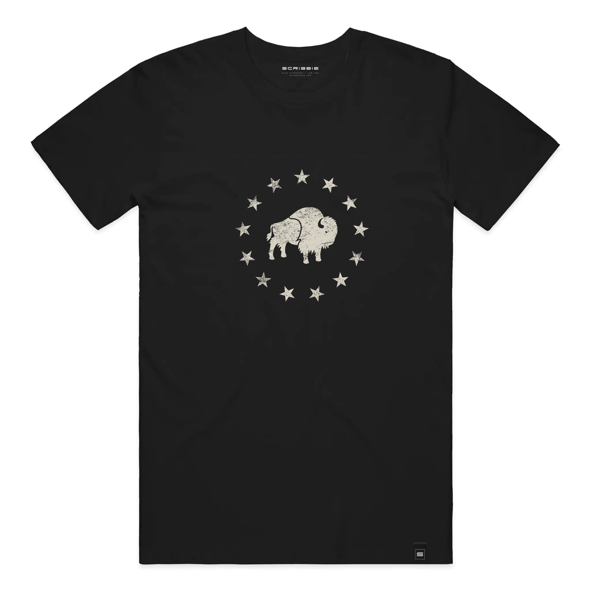 A black short-sleeve crewneck t-shirt featuring a distressed cream-colored graphic of a bison surrounded by stars on the chest, displayed flat against a white background.