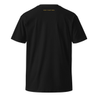 A black short-sleeve t-shirt shown from the back, featuring the phrase 'ROW YOUR OWN' printed in small gold text at the inner neckline, set against a plain black background.