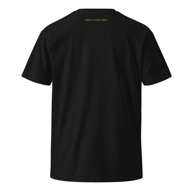 A black short-sleeve t-shirt shown from the back, featuring the phrase 'ROW YOUR OWN' printed in small gold text at the inner neckline, set against a plain black background.