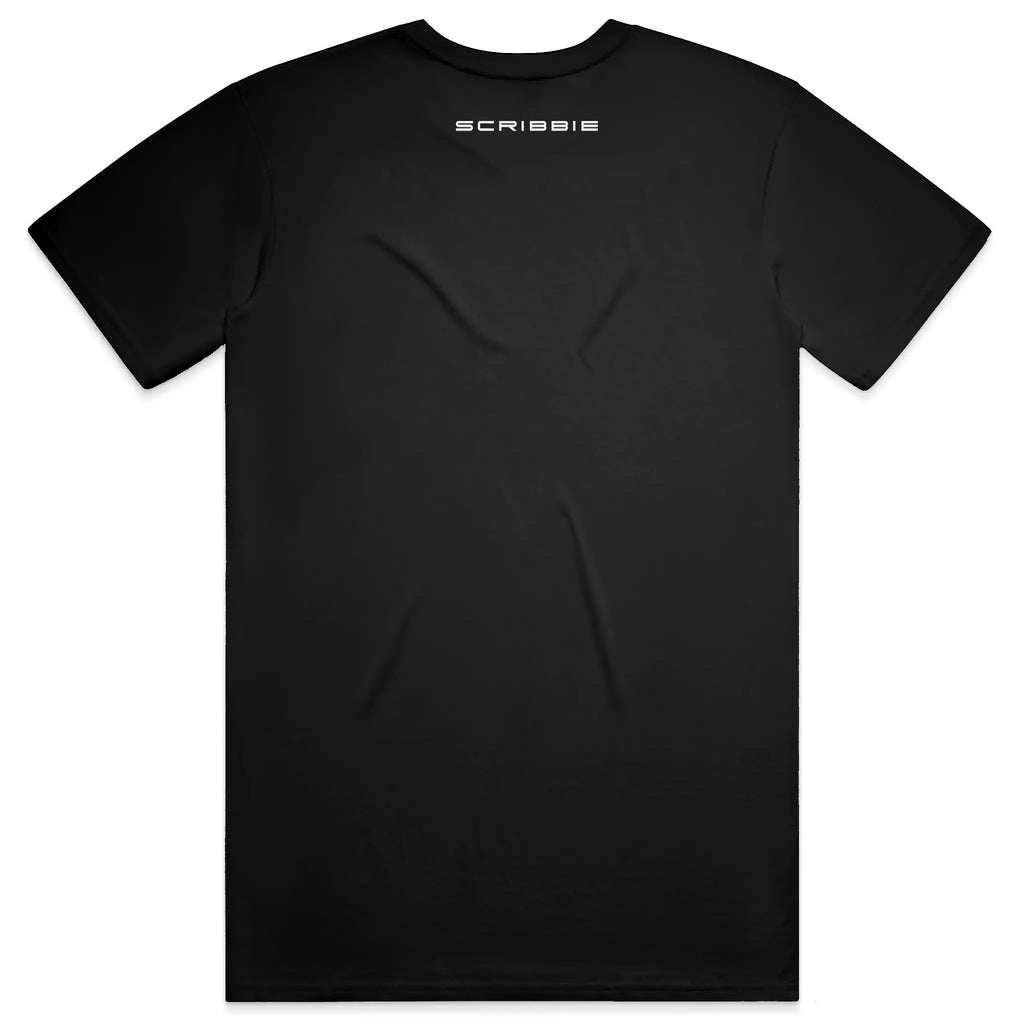 Black t-shirt with the word "Scribbie" in small print on the back, centered just below the neckline