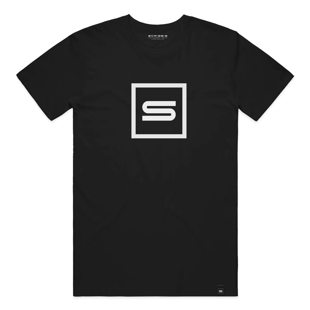 A black short-sleeve crewneck t-shirt featuring a white Scribbie square logo graphic on the chest with a stylized letter 'S' inside.