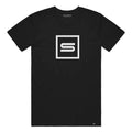 A black short-sleeve crewneck t-shirt featuring a white Scribbie square logo graphic on the chest with a stylized letter 'S' inside.