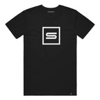 A black short-sleeve crewneck t-shirt featuring a white Scribbie square logo graphic on the chest with a stylized letter 'S' inside.