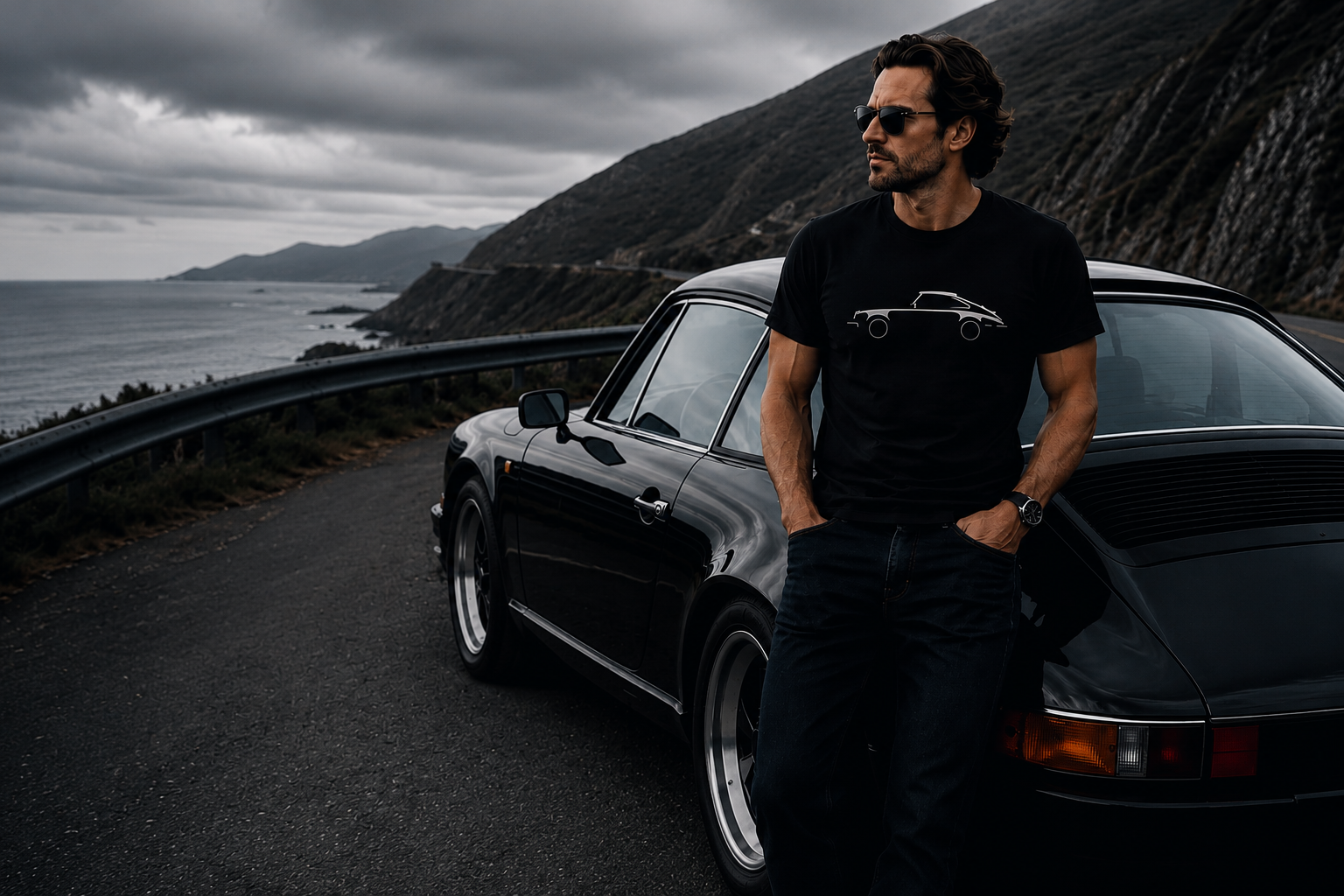 A man wearing a black graphic t-shirt and dark jeans stands next to a black classic Porsche on a coastal road with a mountain backdrop under a cloudy sky.